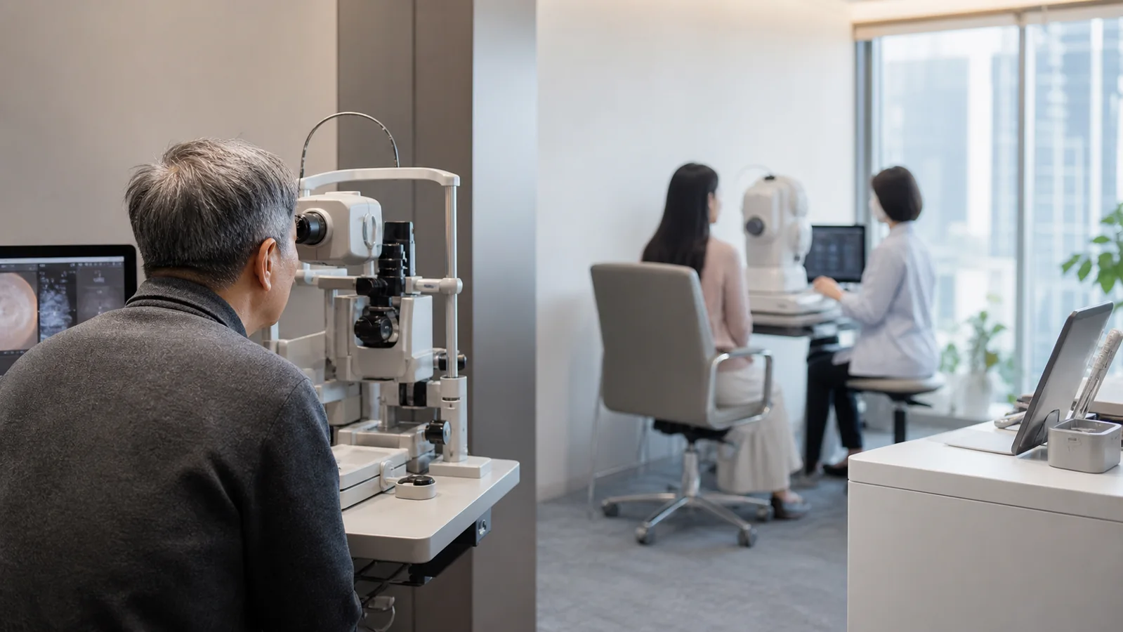 Older father and adult daughter attending separate eye-care assessments in a modern Shanghai ophthalmology clinic