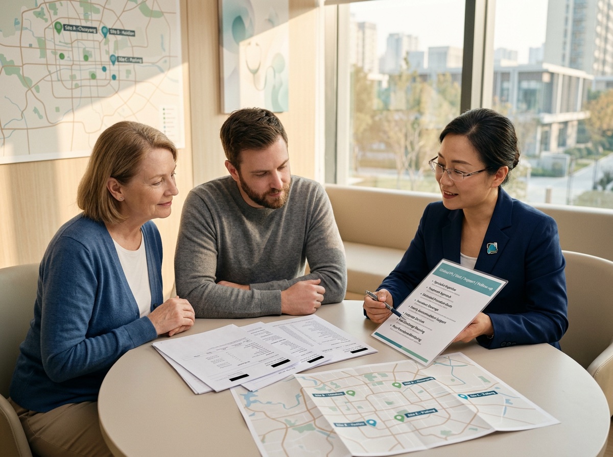 An Australian family reviewing overseas cancer treatment options with a care navigation advisor.