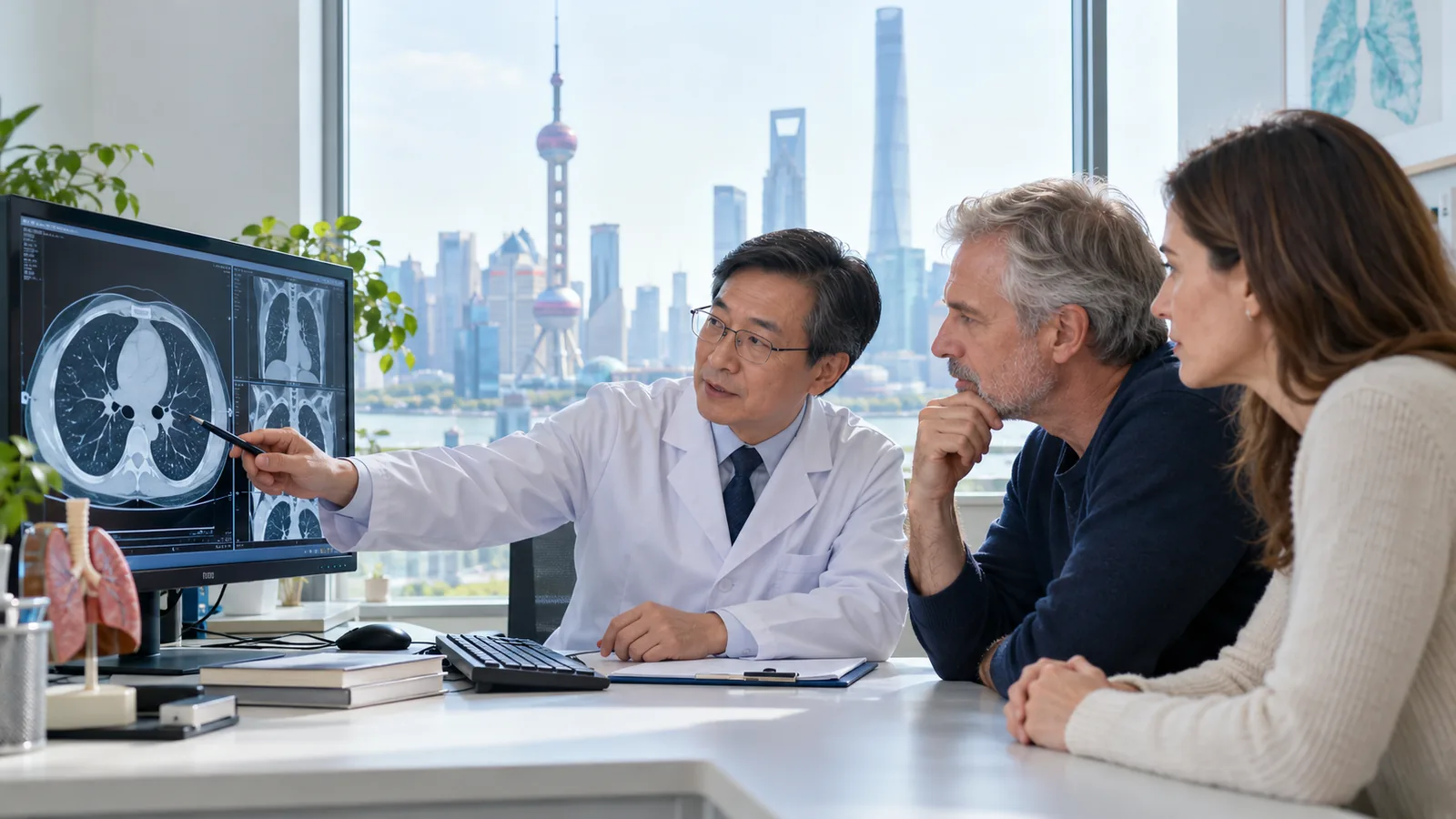 Thoracic specialist reviewing a lung CT with an international patient and family member in Shanghai