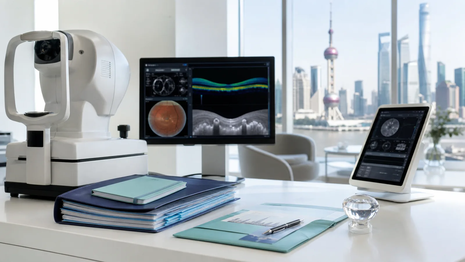 Modern Shanghai ophthalmology setting with diagnostic, treatment-planning and international-patient coordination materials