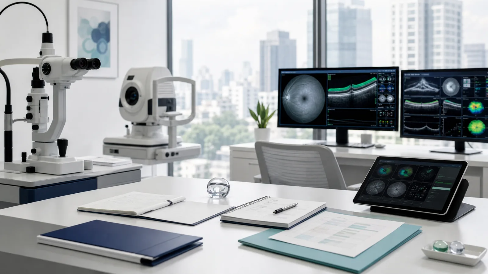 Modern Shanghai ophthalmology diagnostic setting prepared for comparing hospital and specialist pathways