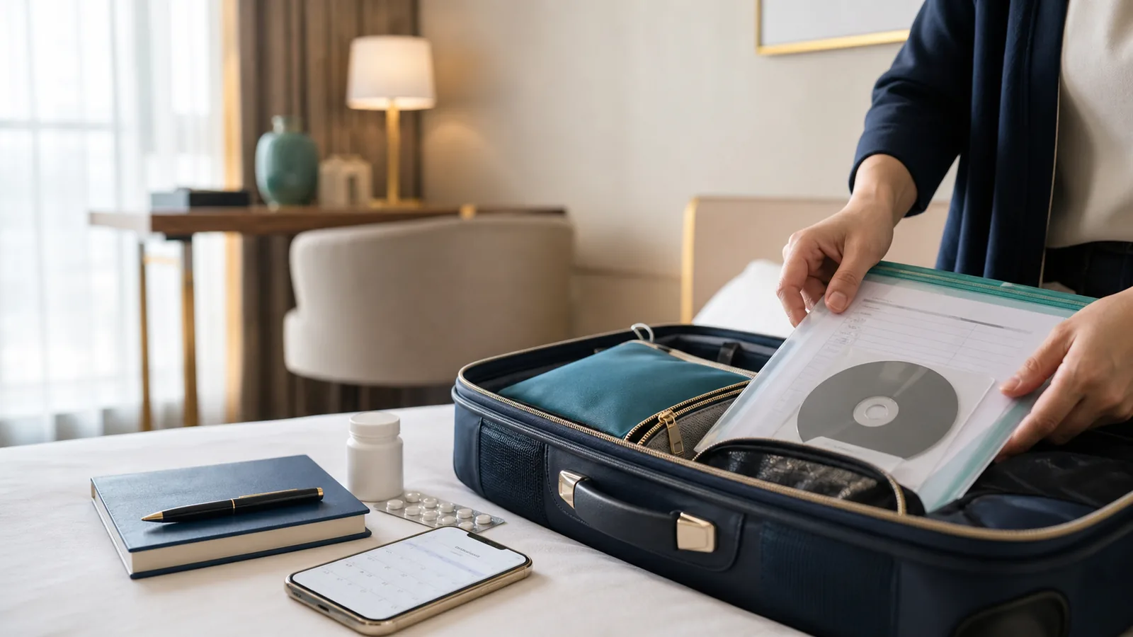 Patient packing organized medical records and follow-up materials before returning home.