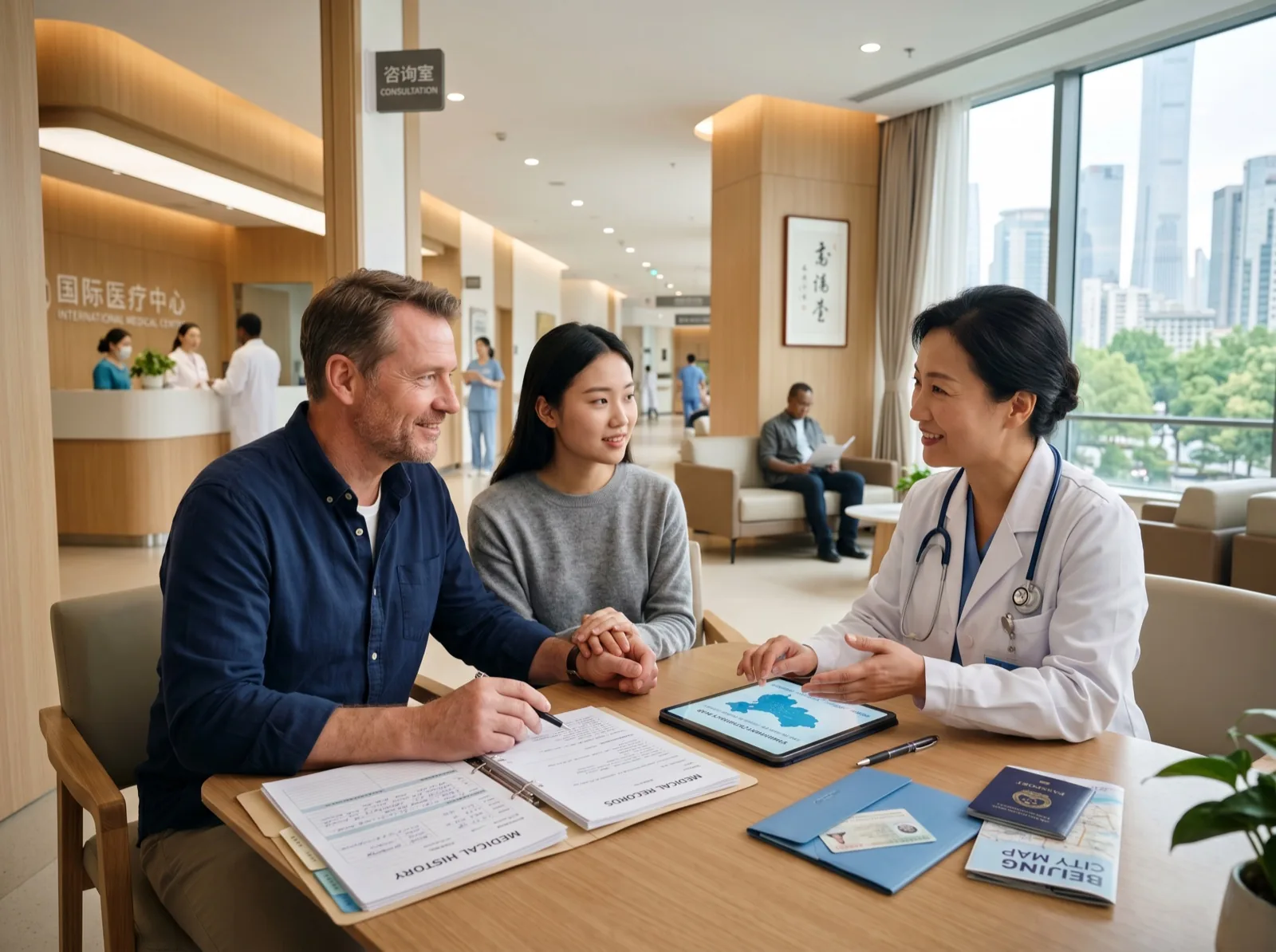 A calm care navigation consultation with an international patient and family reviewing documents.