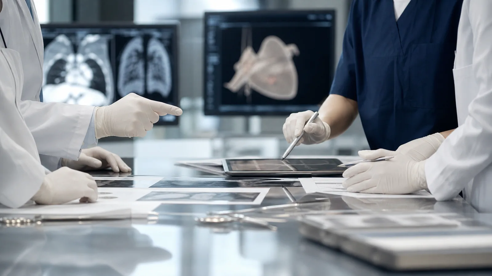 Multidisciplinary surgical team reviewing anonymized imaging and planning materials before a complex operation.