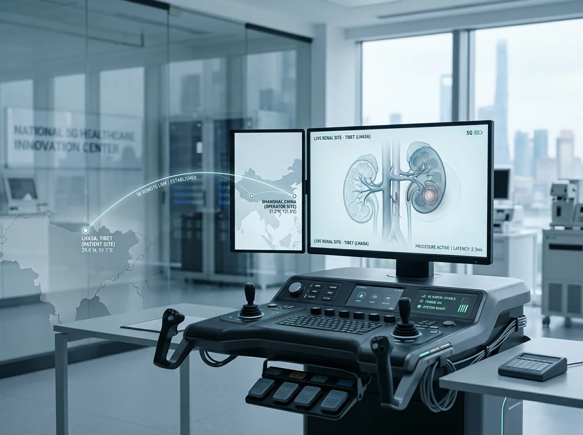 Remote robotic surgery control console with an abstract map connection between Shanghai and Tibet