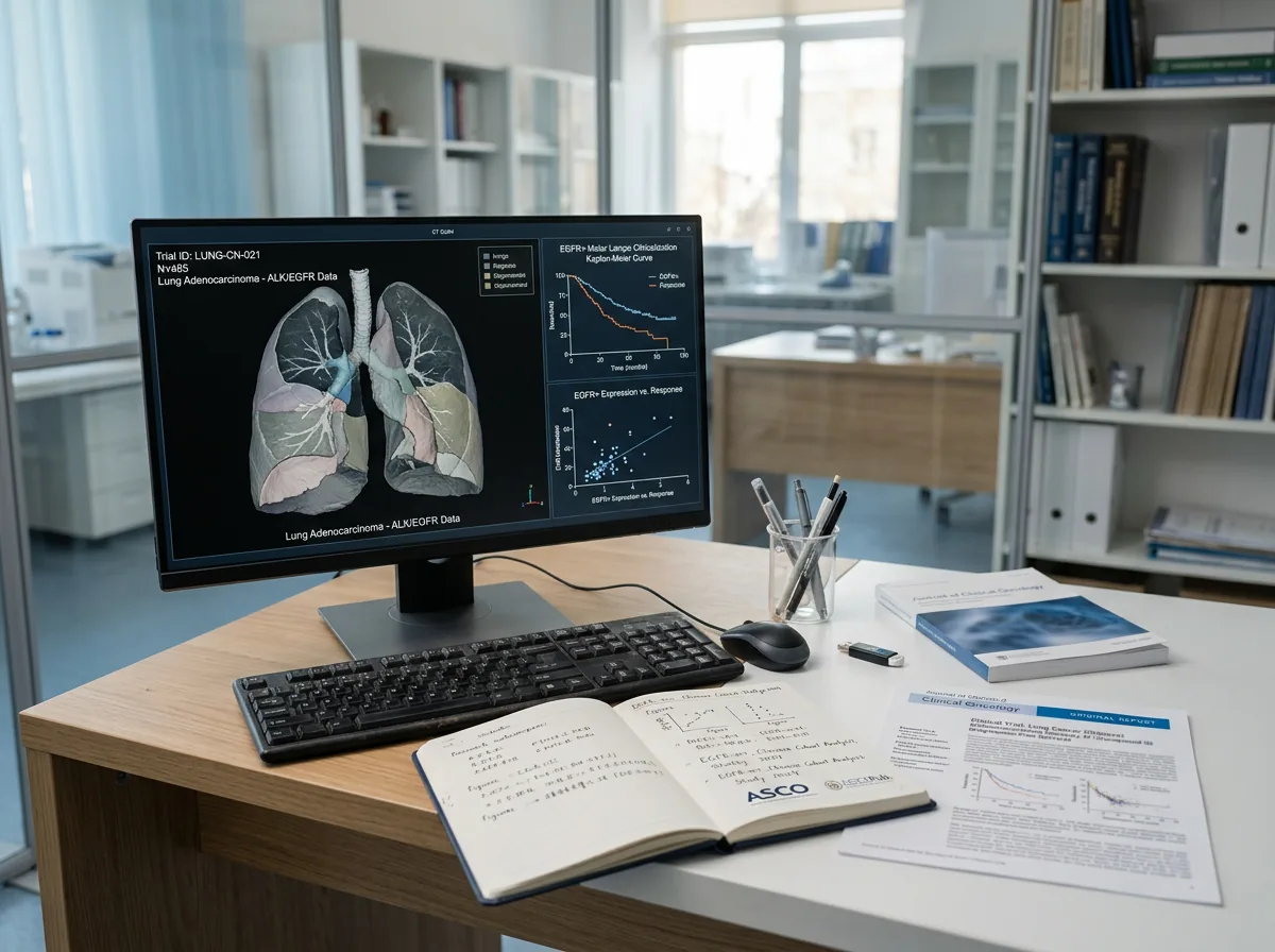 Modern oncology research desk with a lung scan and abstract clinical trial data visualization