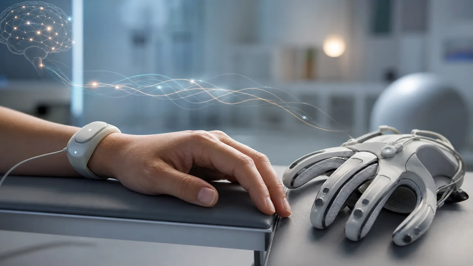 Hand and rehabilitation glove with an abstract neural-interface signal