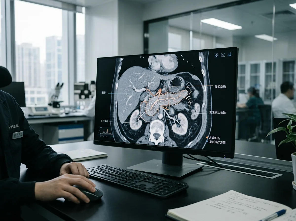 Modern diagnostic planning workspace with an abstract abdominal scan for complex pancreatic cancer care